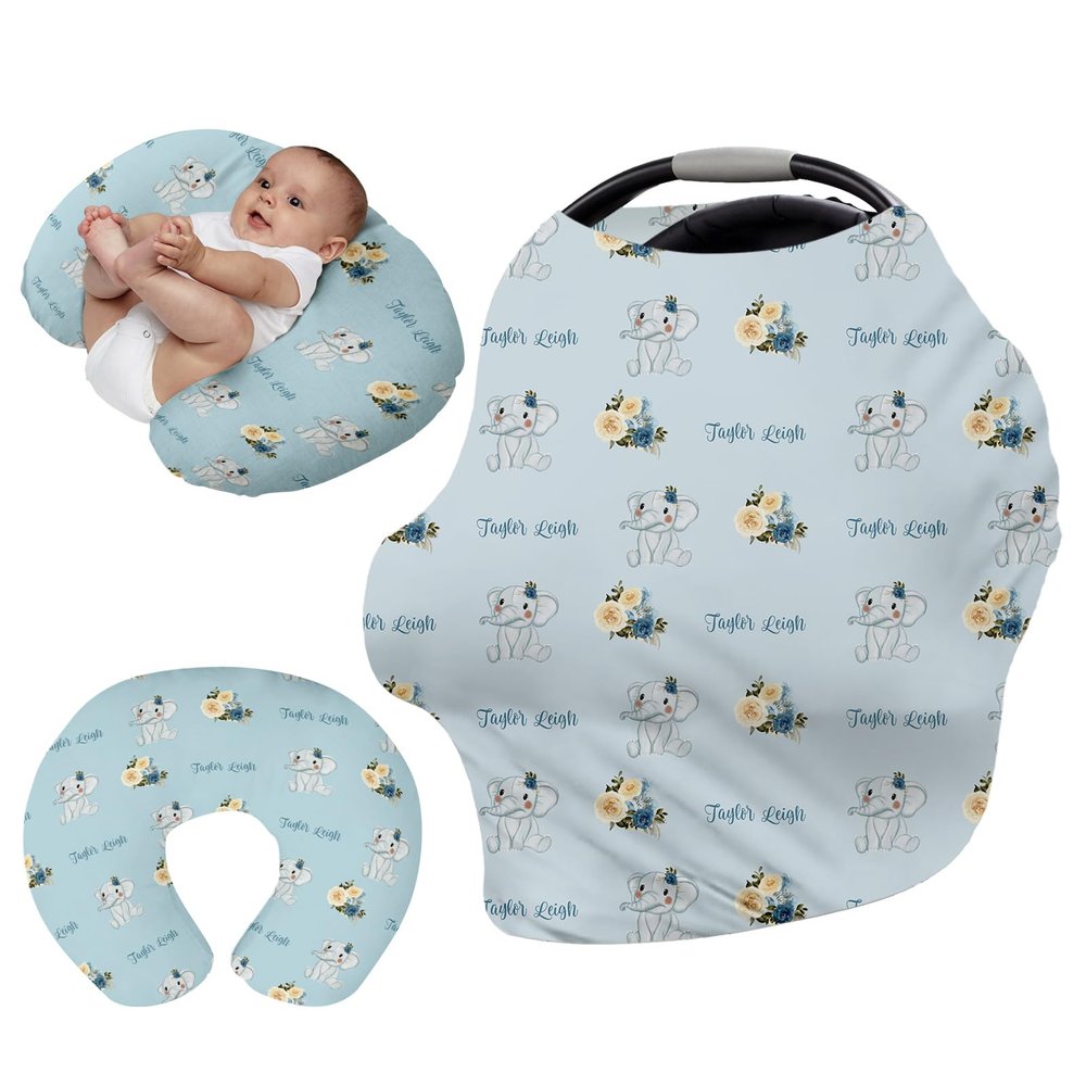 Personalised Car Seat Cover for Babies - Multi-use Carseat Canopy Blue Elephant Cover with Name, Car Seat Covers, Christmas Birthday Gifts for Infant Boys and Girls(27"x29")