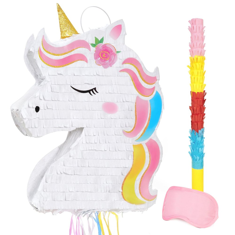 WERNNSAI Foldable Unicorn Piata - Pull String Unicorn Birthday Party Supplies Extendable Unicorn with Blindfold Bat and Tassels Unicorn Birthday Party Decoration Games Folding Piatas for Kids
