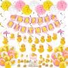 Outus 77 Pcs Pink Ducky Party Decorations Cute Duck Happy Birthday Party Accessory Include Lovely Duck String Hanging Banner Pom Pom Flowers Hanging Swirls Latex Balloons Cupcake Topper for Birthday view 1