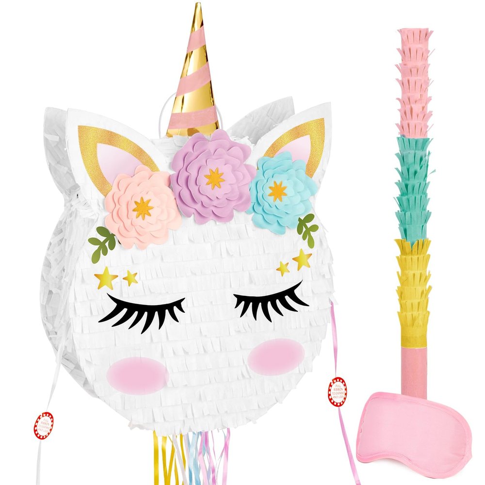 Foldable Unicorn Piata - Unicorn Birthday Party Supplies Extendable Piata with Blindfold Bat and Tassels Unicorn Birthday Party Decoration Games Folding Pink Unicorn Piatas for Kids Classroom Game