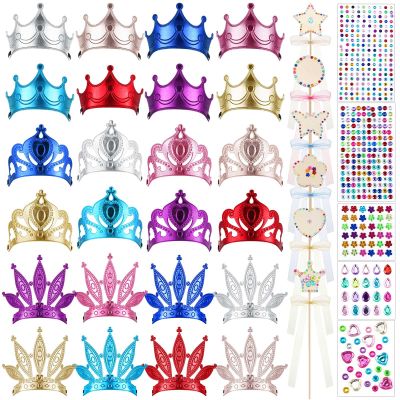 Equsion 72 Pcs Foam Princess Crowns DIY Tiaras Kids Party Princess Supplies Rhinestone Sticker Wooden Wand for Birthday Party Girls Making Your Own Tiara
