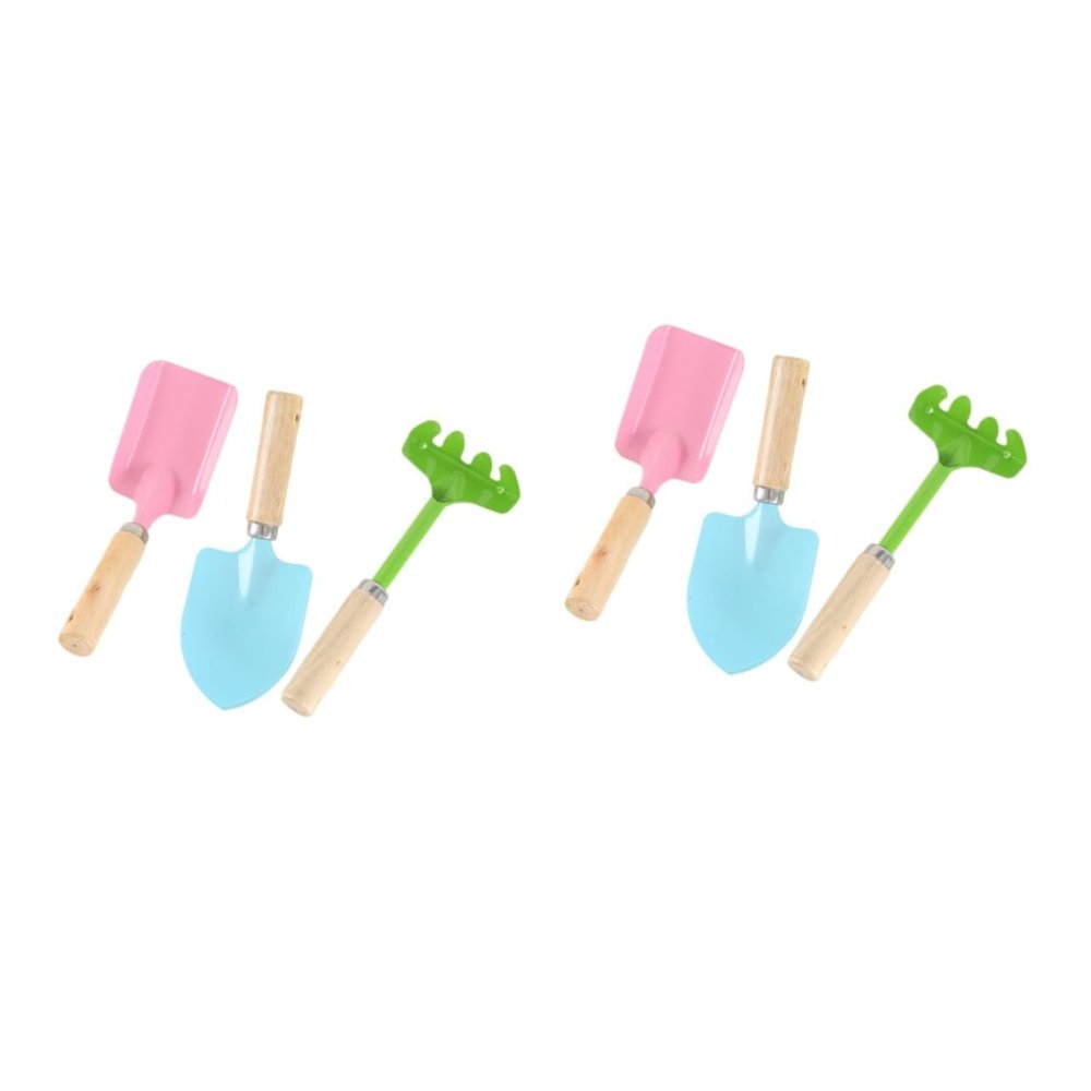 Yardwe 2sets Wooden Kids Garden Tool Set Trowel Rake Shovel Safe Toys for Boys Girls 3pcs*2