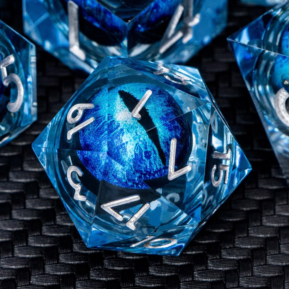 ARUOHHA DND Resin Dice Dragon Eye Dice Liquid Core Blue Sharp Edged Dice Set with Gift Box, Dungeons Polyhedral D and D Dice Set Compatible with D&D Role Playing Game D20 D12 D10 D8 D6 D4