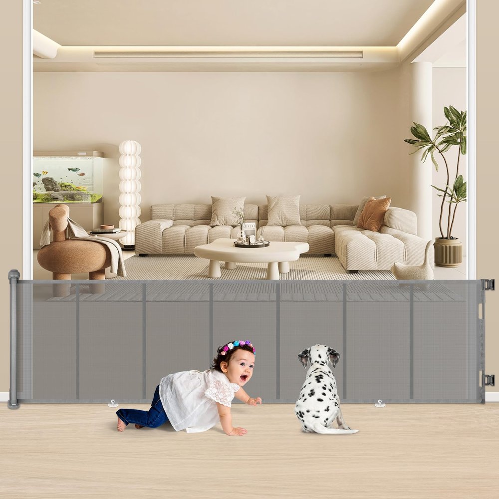 34X120 Extra Wide Safety Retractable Baby Gate, Extra Wide Safety Kids or Pets Gate, 34 Tall, Extends to 120 Extra Wide, Built-in Reinforce Strip Mesh Safety Dog Gate for Stairs,Doorways, Hallways