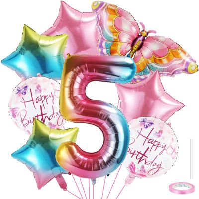 10pcs Butterfly Birthday Decorations, Number Balloon Pink Birthday Decorations Helium Foil Butterfly Balloon for Fairy Birthday Party Wedding Anniversary Events Supplies (Number 5)