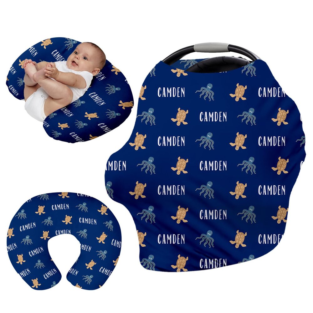 Personalised 7 in 1 Car Seat Cover for Girls and Boys - Multipurpose Breast Feeding Cover, Blue Turtle Print Nursing Cover, Grocery Cart Cover - Birthday Gift for Babies(27"x29")