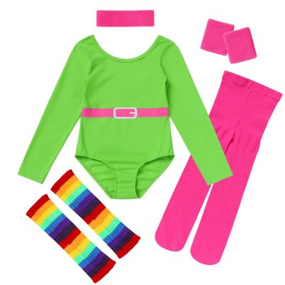 80s Workout Outfit For Girls Kids Retro 1980s Party Fitness Long Sleeve Leotard Gym Yoga Pants Leggings Rainbow Leg Warmers Headband Set Sportwear Green 9-10 Years