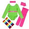80s Workout Outfit For Girls Kids Retro 1980s Party Fitness Long Sleeve Leotard Gym Yoga Pants Leggings Rainbow Leg Warmers Headband Set Sportwear Green 9-10 Years view 1
