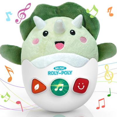 Baby Dinosaur Toys 0-3-6-12 Months, Musical Infant Toys with Light & Sounds, Soft Plush Stuffed Animal, Newborn Boys Girl 1st Birthday Shower Gift, Roly-poly Sensory Tummy Toy Easter Egg Gifts