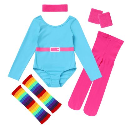 80s Workout Outfit For Girls Kids Retro 1980s Party Fitness Long Sleeve Leotard Gym Yoga Pants Leggings Rainbow Leg Warmers Headband Set Sportwear Blue 7-8 Years