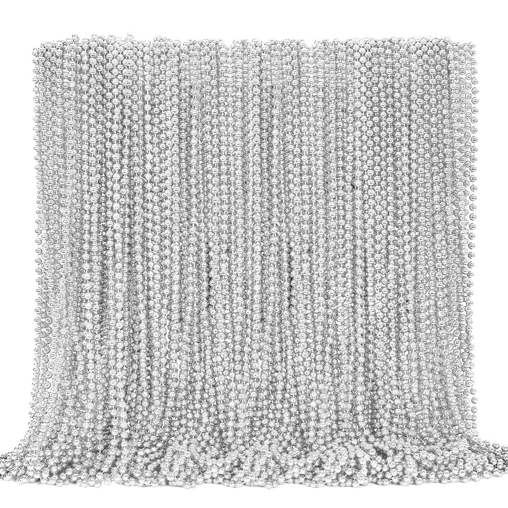 144PCS Bead Necklace, Silver Christmas Mardi Gras Beads Stuff Party Favors, 33" Xmas Necklaces Costume Bulk, Festival Events Parade Throw Accessories for Wedding Birthday Celebrations Decorations