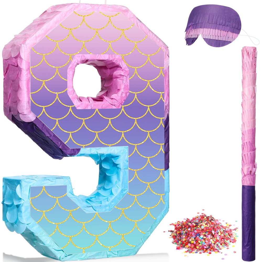Shappy 16 Inch Mermaid Piata Purple Number Birthday Piata Party with Stick Blindfold Confetti for Anniversary Celebration Birthday Decoration Supplies(Number 9)