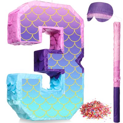 Shappy 16 Inch Mermaid Piata Purple Number Birthday Piata Party with Stick Blindfold Confetti for Anniversary Celebration Birthday Decoration Supplies(Number 3)
