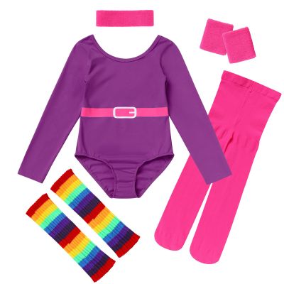 80s Workout Outfit For Girls Kids Retro 1980s Party Fitness Long Sleeve Leotard Gym Yoga Pants Leggings Rainbow Leg Warmers Headband Set Sportwear Purple 3-4 Years