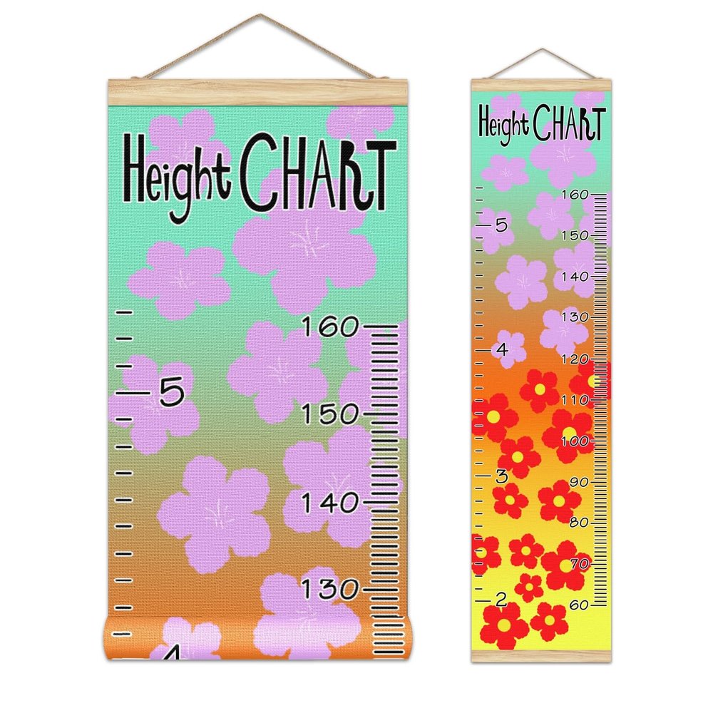 Wall Hanging Height Chart, Red and Purple Floral Stylish Child's Room Decoration, Canvas Growth Chart - (13.4x56in)