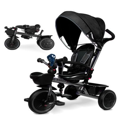 KRIDDO 7-in-1 Tricycle Stroller for Toddlers 18 Months to 5 Years, Adjustable Push Handle, Rotatable Seat, Cup Holder and Retractable Canopy, Folding Baby Trike w/Detachable Guardrail, Footrest, GY