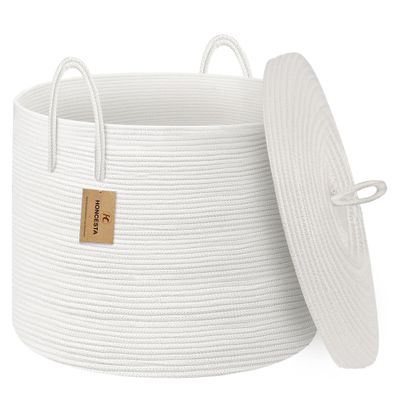 HONCESTA 18" X 18" X 14" Extra Large White Basket with Lid, Woven Cotton Rope Basket for Blankets for Living Room, Kids Toy Storage Bin, Wicker Bathroom Towel Storage, All White Bins for Organizing