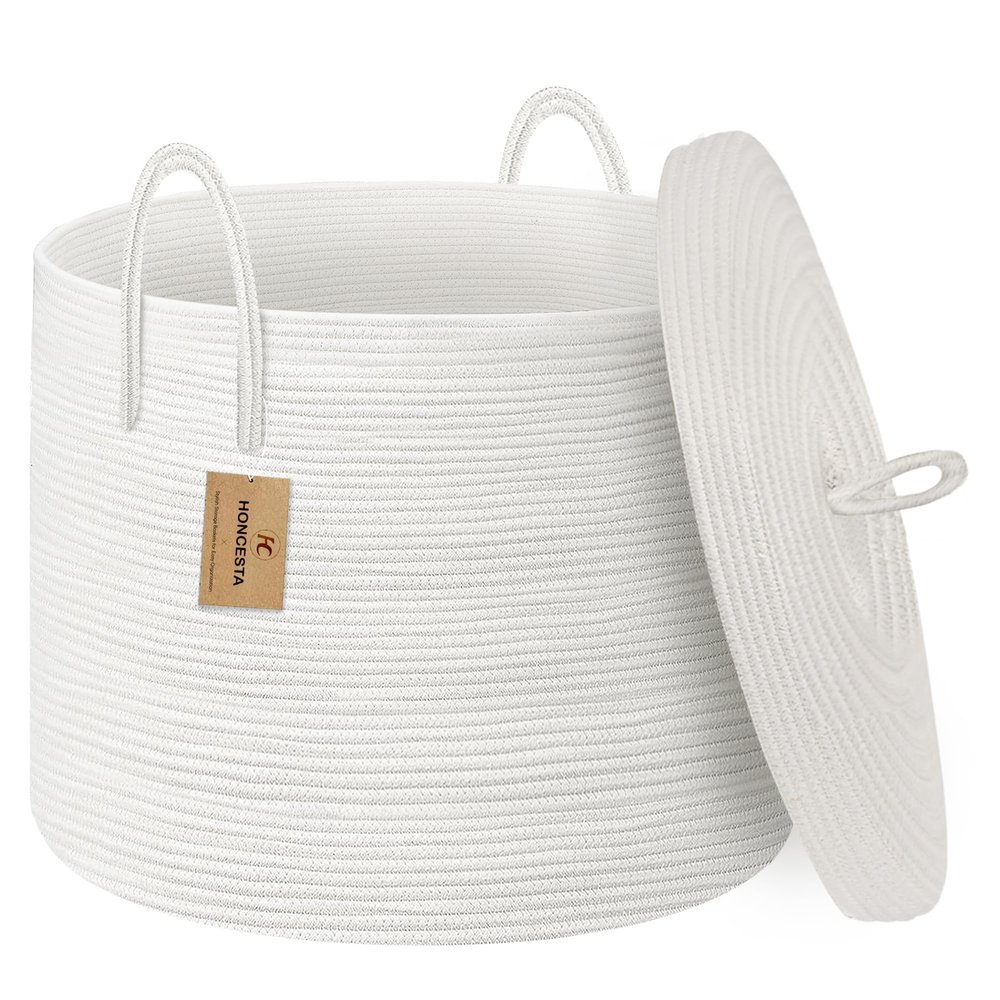 HONCESTA 18" X 18" X 14" Extra Large White Basket with Lid, Woven Cotton Rope Basket for Blankets for Living Room, Kids Toy Storage Bin, Wicker Bathroom Towel Storage, All White Bins for Organizing