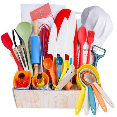 Kids Cooking Set Real Baking Utensils with Kitchen Tool Guide for Kids with Chef Apron Hat and Kitchen Accessories Kit Gift for Junior Chef