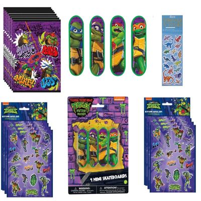 TMNT Teenage Mutant Ninja Turtles Birthday Party Supplies Bundle includes 8 Loot Bags, 8 Mini Skateboards, 8 Sticker Sheets,1 Dinosaur Sticker Sheet