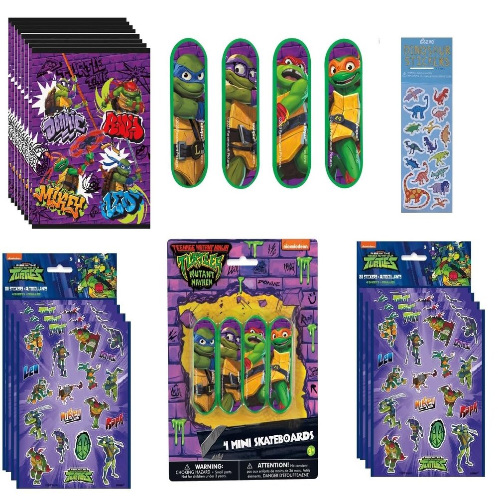 TMNT Teenage Mutant Ninja Turtles Birthday Party Supplies Bundle includes 8 Loot Bags, 8 Mini Skateboards, 8 Sticker Sheets,1 Dinosaur Sticker Sheet