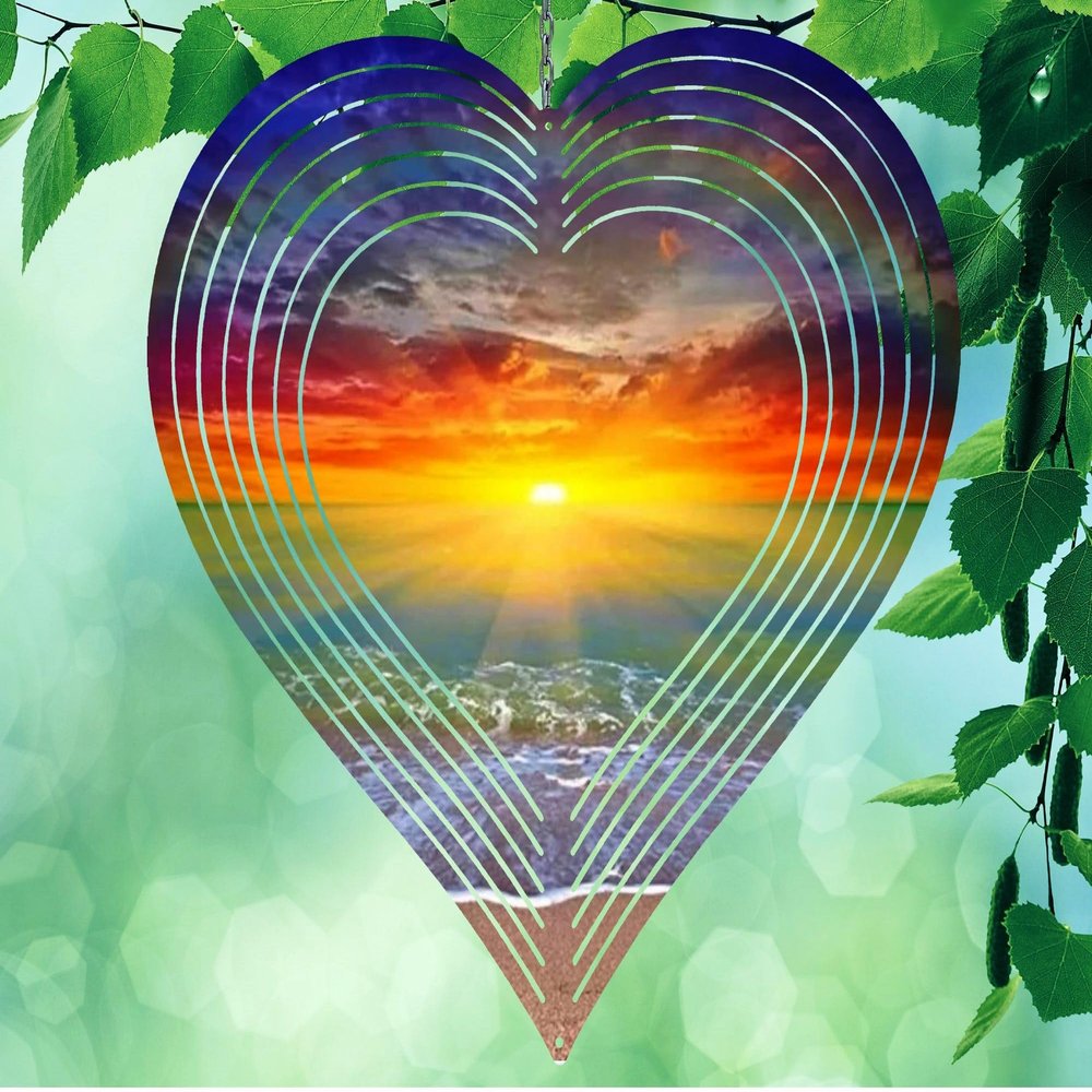 10 Inch Sunset Ocean Beach Heart Shaped Wind Spinner Yard Decor Aluminum Sublimated Garden Art Indoor Outdoor 3D Kinetic