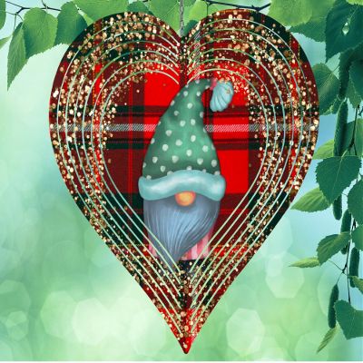 10 Inch Red Plaid Glitter Gnome Heart Shaped Wind Spinner Yard Decor Aluminum Sublimated Garden Art Indoor Outdoor 3D Kinetic