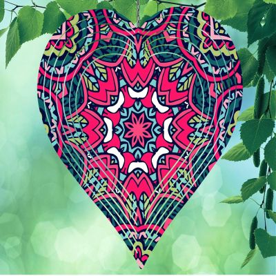 10 Inch Pink Mandala Heart Shaped Wind Spinner Yard Decor Aluminum Sublimated Garden Art Indoor Outdoor 3D Kinetic