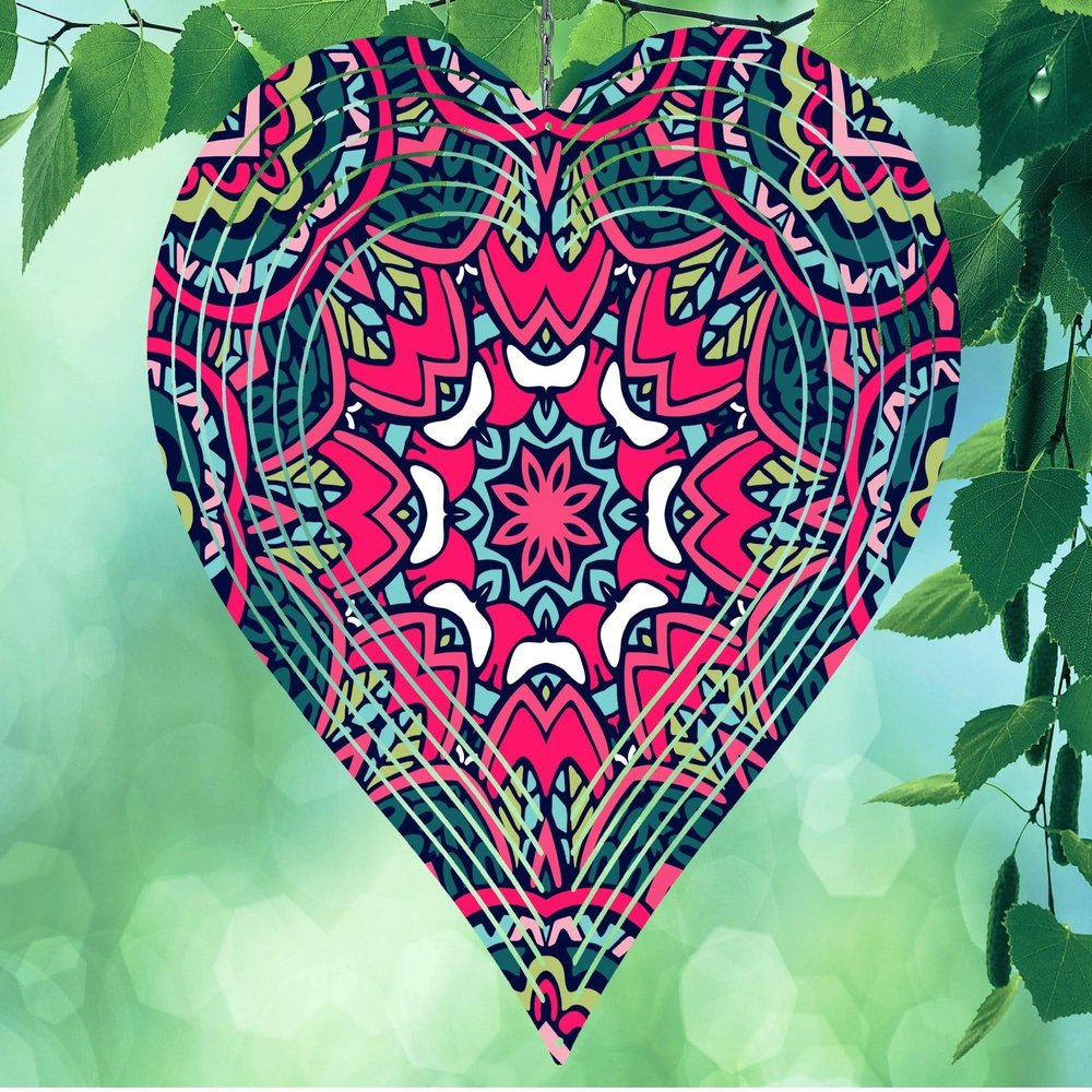 10 Inch Pink Mandala Heart Shaped Wind Spinner Yard Decor Aluminum Sublimated Garden Art Indoor Outdoor 3D Kinetic