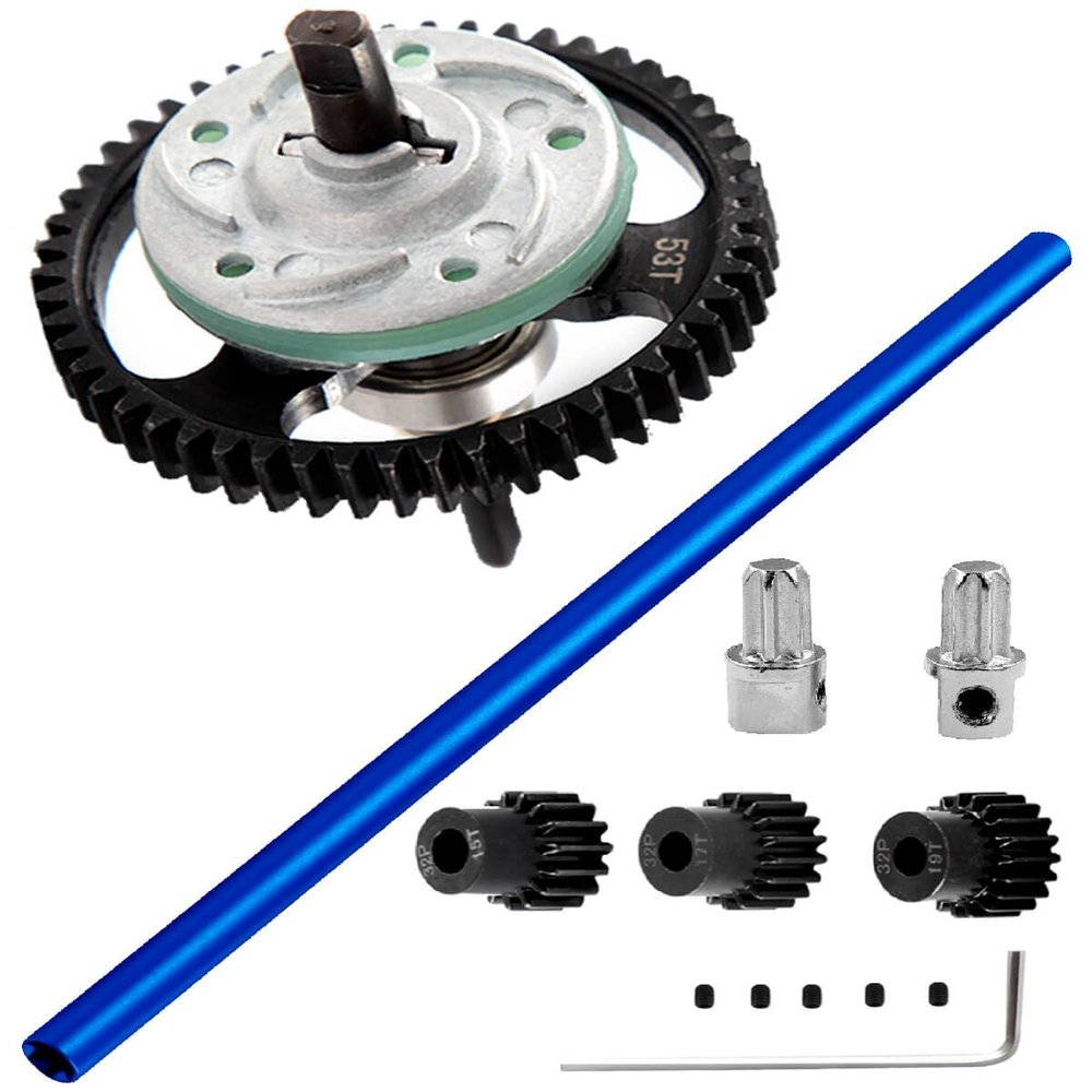 hopsupRC Upgrades Part for 1/10 Slash 4X4/Slash 4X4 VXL,Aluminum Driveshaft Center & Metal Spur Gear Differential Gears 53T(32-Pitch) with 15T/17T/19T Pinions Gear Sets,Navy Blue