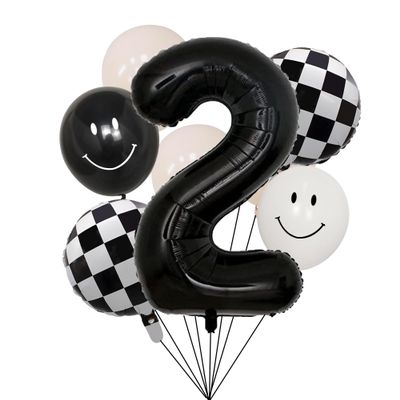 100% LIKED Two Cool Balloon Set, 40 Black Two|Black & White Smiley Face Latex |Checkered Foil for 2 Cool Birthday Decorations, Smiley Face Party Deco, Baby Shower,2nd Birthday Party Supplies