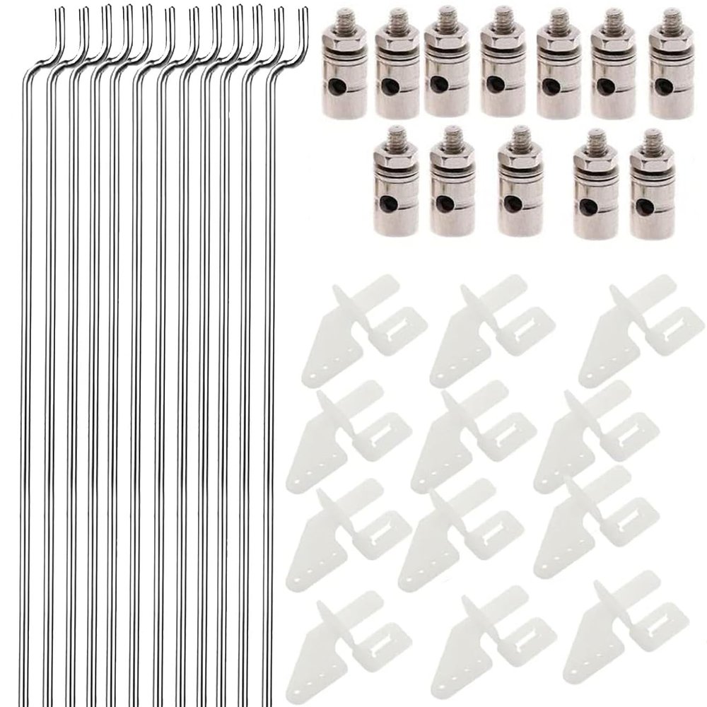 12Pcs Adjustable Pushrod Connector Linkage Stopper 1.8mm + 12Pcs Nylon Control Horns 21x10 mm + 12Pcs 1.5 x 450mm Z Push Rods Parts Compatible for RC Airplane Plane Boat Replacement (12pc)