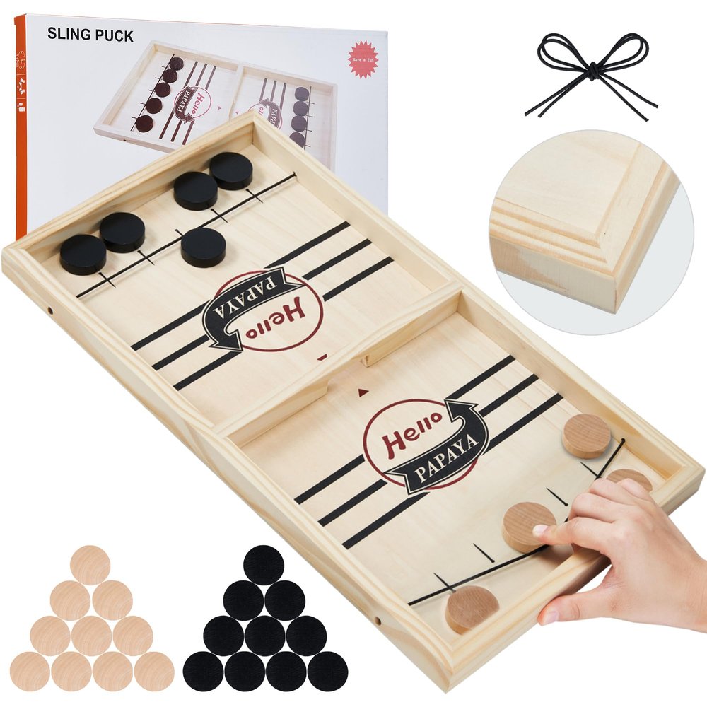 HELLO PAPAYA Fast Sling Puck Game - Test Your Speed and Accuracy with This Fast-Paced Wooden Air Hockey Desktop Battle Board Game - Guaranteed Fun Gifts for Family Night or Friends Party
