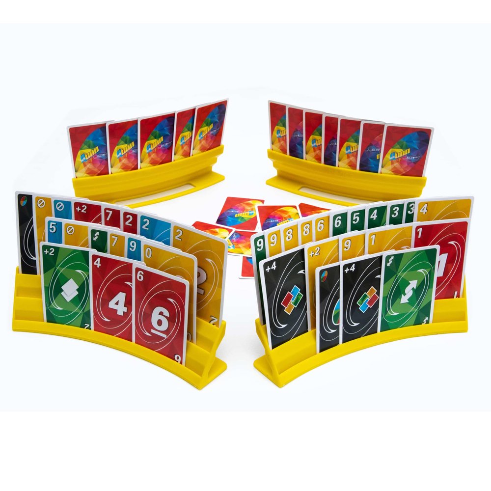 BORICO Card Holders for Playing Cards - 4 Pack Playing Card Holder for Kids and Adults,Stackable Storage Game Card Tray for Arthritis Patients with a Travel Pouch (Yellow)