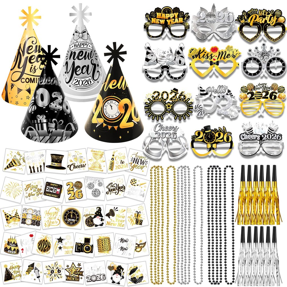 HOWAF New Year Eve Party Supplies 2026, Black Gold Silver Happy New Year 2026 Cone Hats New Years Eve Hats 2026 Glasses Party Blowouts Tattoos Bead Necklaces NYE Party Favors 2026 Decorations