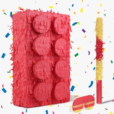 Birchio Block Pinata Bundle with a Blindfold and Bat(17 x 11 x 4 Inches), Perfect for Birthday Party Supplies, Building Blocks Theme Birthday, Decoration