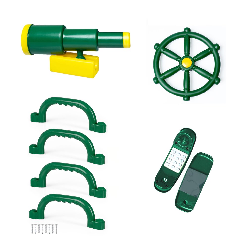 Barcaloo Playground Accessories for Kids Outdoor Playset for Kids 7 Piece Pirate Telescope, Playhouse Wheel, Green Safety Handle Bars & Phone Attachments for Backyard Treehouse, Jungle Gym & Swing Set