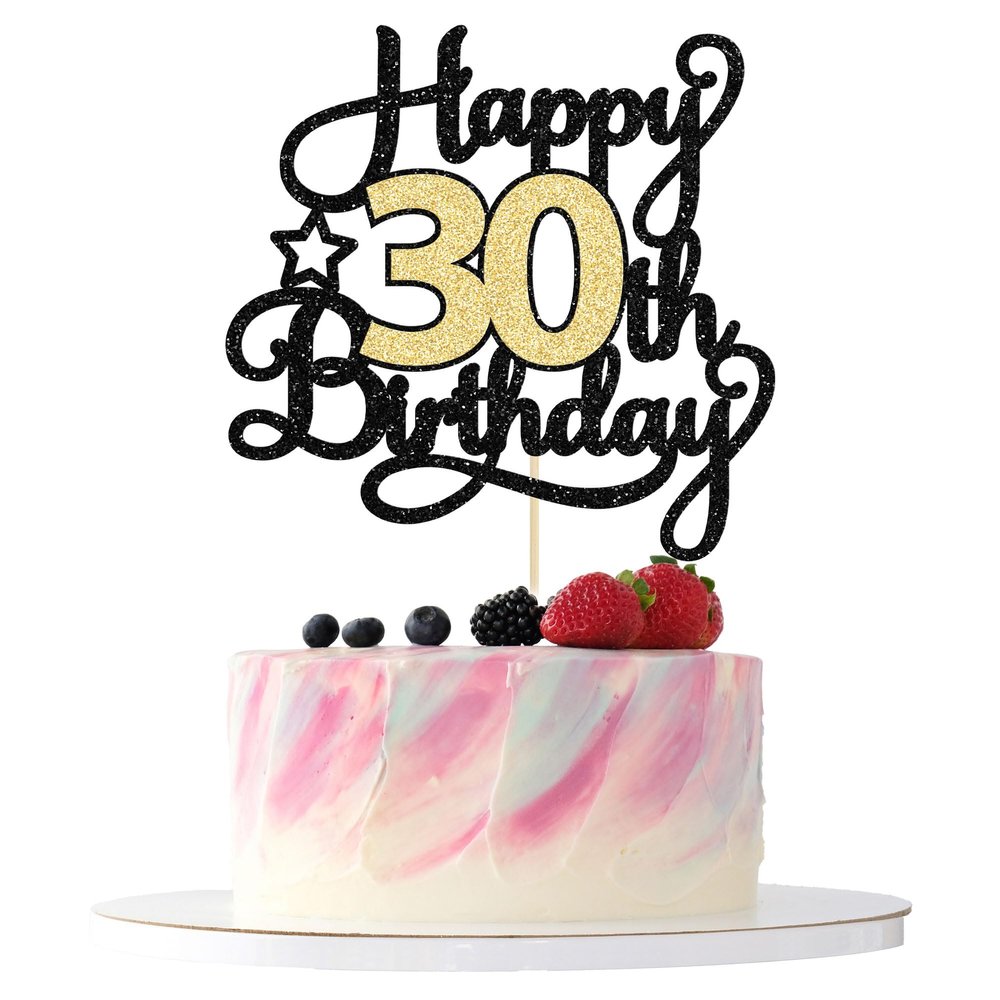 1Pc Happy 30th Birthday Cake Topper Black Gold Glitter Cheers to 30 Years Birthday Cake Pick 30 Fabulous Cake Decoration for Happy 30th Birthday Anniversary Party Cake Decorations Supplies