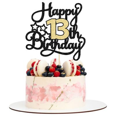 1Pc Happy 13th Birthday Cake Topper Black Gold Glitter Cheers to 13 Years Birthday Cake Pick 13 Official Teenager Cake Decoration for Happy 13th Birthday Anniversary Party Supplies