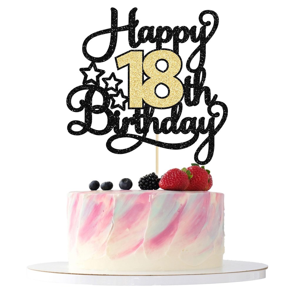 1Pc 18th Happy Birthday Cake Topper Glitter Cheers to 18 Years Birthday Cake Pick Cake Decoration for 18th Party Decoration Supplies Black Gold