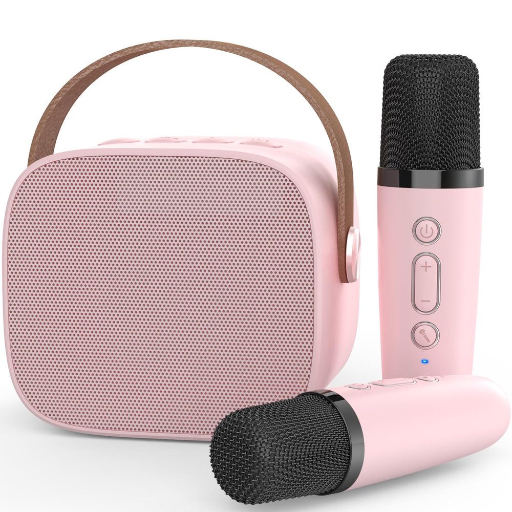 MEGUO Mini Karaoke Machine,Funny Toys Christmas Birthday Gifts for Kids Age 4-12 Girls,Boys,Adults, Karaoke Microphone Toys for 4,5,6,7,8,9,10,11,12+ Year Old Girls Boys (Pink 2 Mics)
