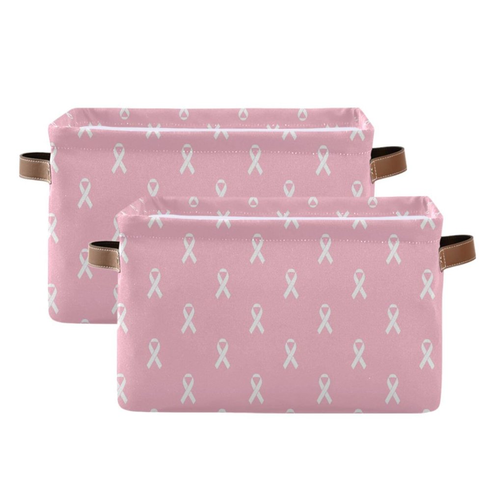 Emelivor White Pink Ribbon Storage Basket Bins Decorative Toy Organizer Bins Laundry Hamper Baskets with Handles for Office Bedroom Clothes Bedroom Living Room,2 pcs