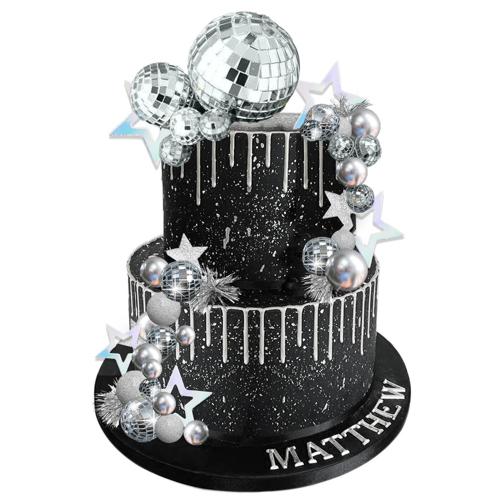 Disco Ball Cake Topper Mirror Balls Cake Decorations with Silver Stars Cake Topper for 70s 80s Disco Dance Saturday Night Fever Birthday Supplies (Style 1)