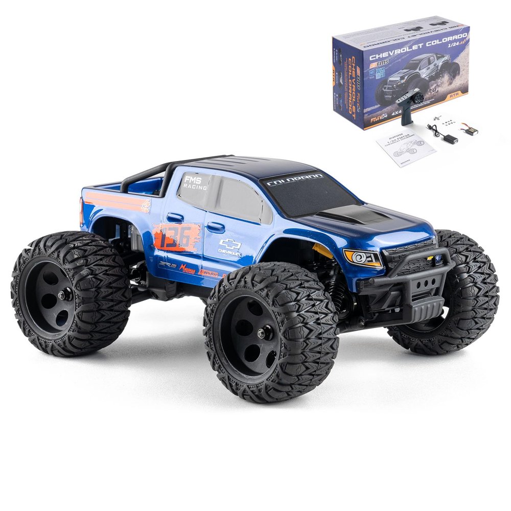 BEEZRC FMS 1/24 RC Monster Truck Colorado FMT24 Fast Drift RC Car Licensed Chevy RC Offroad RTR Electric Hobby Radio Controlled Truck 4x4 Waterproof High Speed Remote Control Car for Adults (Blue)