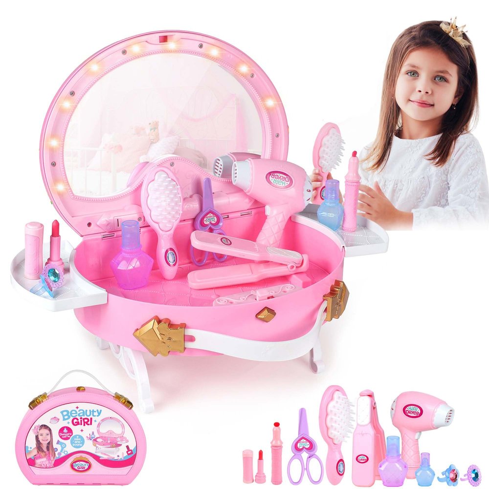 Toddler Vanity - Kids Pretend Play Princess Vanity Set with Mirror & Makeup Accessories, Lights and Music, Princess Vanity for Little Girls, Toddler Girl Toys