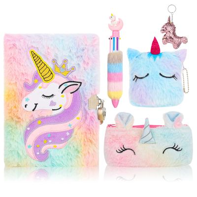 Auidy 6TXD Unicorn Plush Diary with Lock and Keys, Fuzzy Notebook Journal for Girls, Secret Diary with Pen