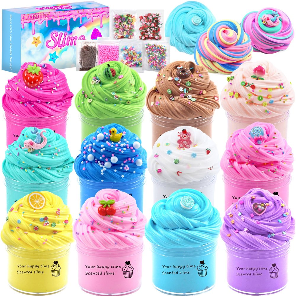 KUALUDJIT12Pack Butter Slime Kit with Cake Charms Super Soft & Non-Sticky,Stress Relief Toy for Girls and Boys,Party Favors and Birthday GiftEaster Basket Stuffers
