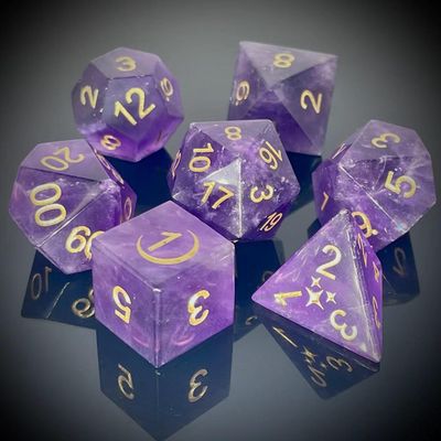 Truewon Stone Dice Set of 7 Handmade Dice for RPG DND Made by Natural Gemstones. (Amethyst Moon Stars Selected)