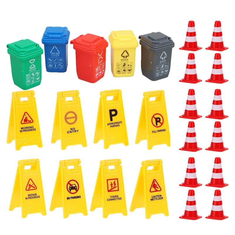 Toddmomy Mini Traffic Cones and Caution Signs Toy Set 25Pcs Plastic Road Safety Educational Playset for Kids Boys Girls Traffic Cognitive Toys for Learning and Play