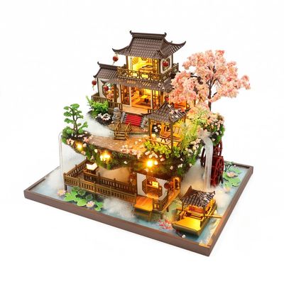 Yuzhen DIY Miniature Dollhouse with Furniture and LED Lights, Large Ancient Style Wooden Dollhouse Includes Dustcover and Music Movement